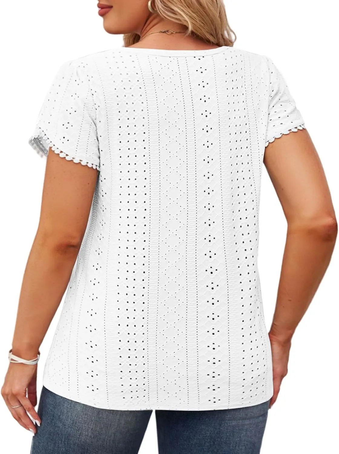 VISLILY Womens-Plus-Size-Summer-Tops Lace Trim Petal Short Sleeve T Shirts Casual Crewneck Eyelet Tunics Blouses Tee XL-5XL