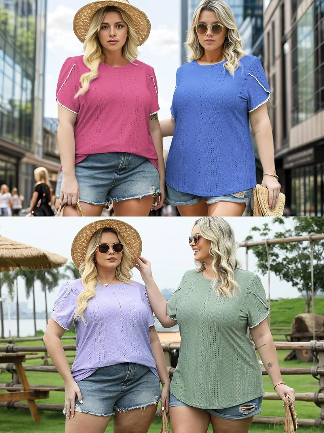 VISLILY Womens-Plus-Size-Summer-Tops Lace Trim Petal Short Sleeve T Shirts Casual Crewneck Eyelet Tunics Blouses Tee XL-5XL