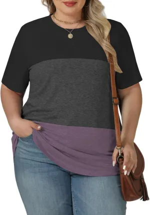 VISLILY Womens-Plus-Size-Summer-Tops Trendy Color Block T Shirts Casual Crewneck Cute Short Sleeve Blouses Tunics Tees XL-5XL
