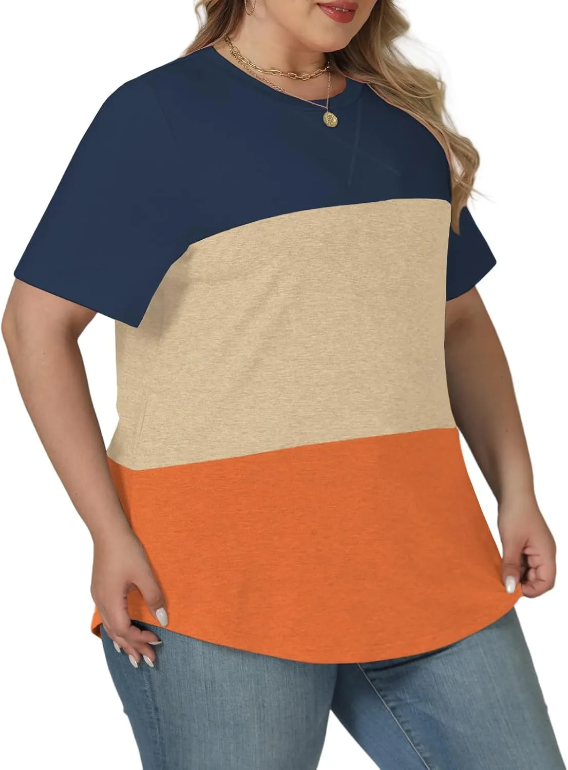 VISLILY Womens-Plus-Size-Summer-Tops Trendy Color Block T Shirts Casual Crewneck Cute Short Sleeve Blouses Tunics Tees XL-5XL