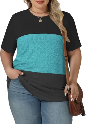 VISLILY Womens-Plus-Size-Summer-Tops Trendy Color Block T Shirts Casual Crewneck Cute Short Sleeve Blouses Tunics Tees XL-5XL