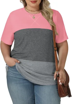 VISLILY Womens-Plus-Size-Summer-Tops Trendy Color Block T Shirts Casual Crewneck Cute Short Sleeve Blouses Tunics Tees XL-5XL