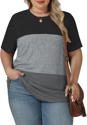 VISLILY Womens-Plus-Size-Summer-Tops Trendy Color Block T Shirts Casual Crewneck Cute Short Sleeve Blouses Tunics Tees XL-5XL