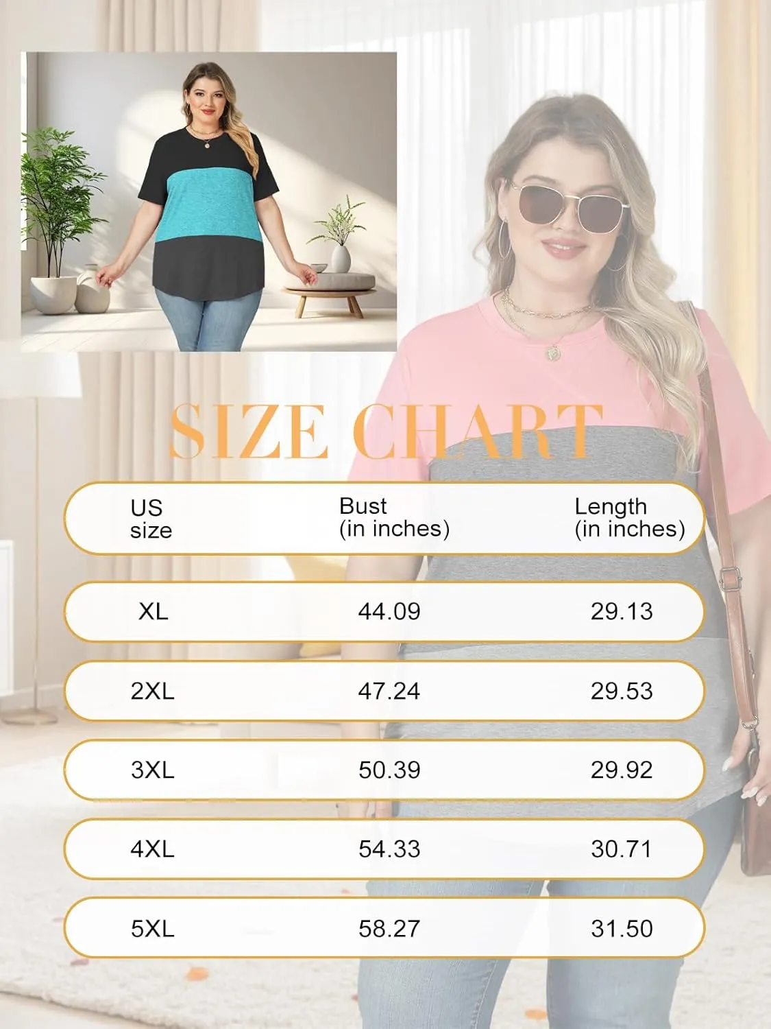 VISLILY Womens-Plus-Size-Summer-Tops Trendy Color Block T Shirts Casual Crewneck Cute Short Sleeve Blouses Tunics Tees XL-5XL