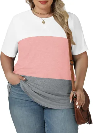 VISLILY Womens-Plus-Size-Summer-Tops Trendy Color Block T Shirts Casual Crewneck Cute Short Sleeve Blouses Tunics Tees XL-5XL