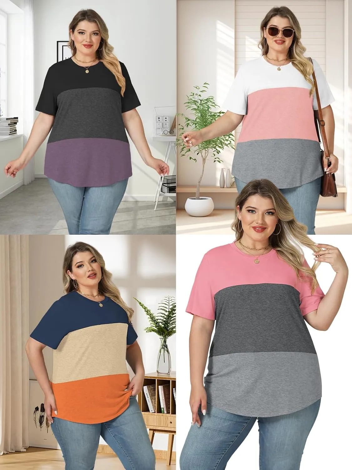VISLILY Womens-Plus-Size-Summer-Tops Trendy Color Block T Shirts Casual Crewneck Cute Short Sleeve Blouses Tunics Tees XL-5XL