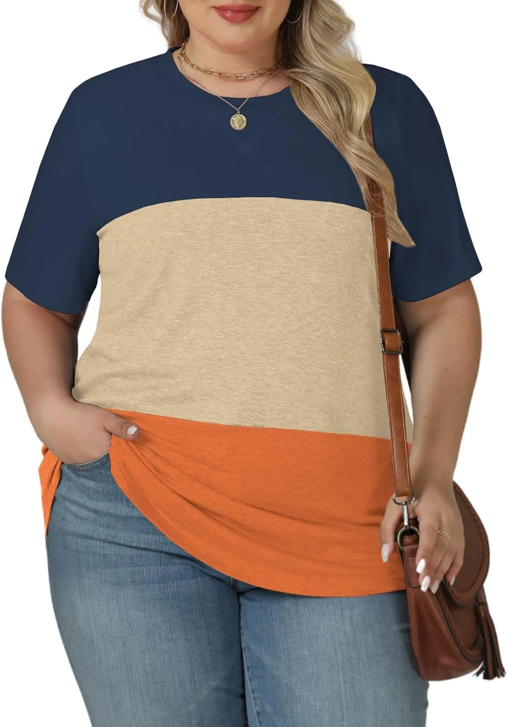 VISLILY Womens-Plus-Size-Summer-Tops Trendy Color Block T Shirts Casual Crewneck Cute Short Sleeve Blouses Tunics Tees XL-5XL