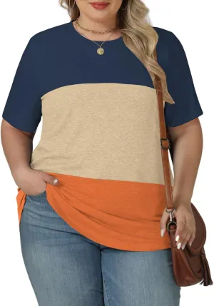 VISLILY Womens-Plus-Size-Summer-Tops Trendy Color Block T Shirts Casual Crewneck Cute Short Sleeve Blouses Tunics Tees XL-5XL
