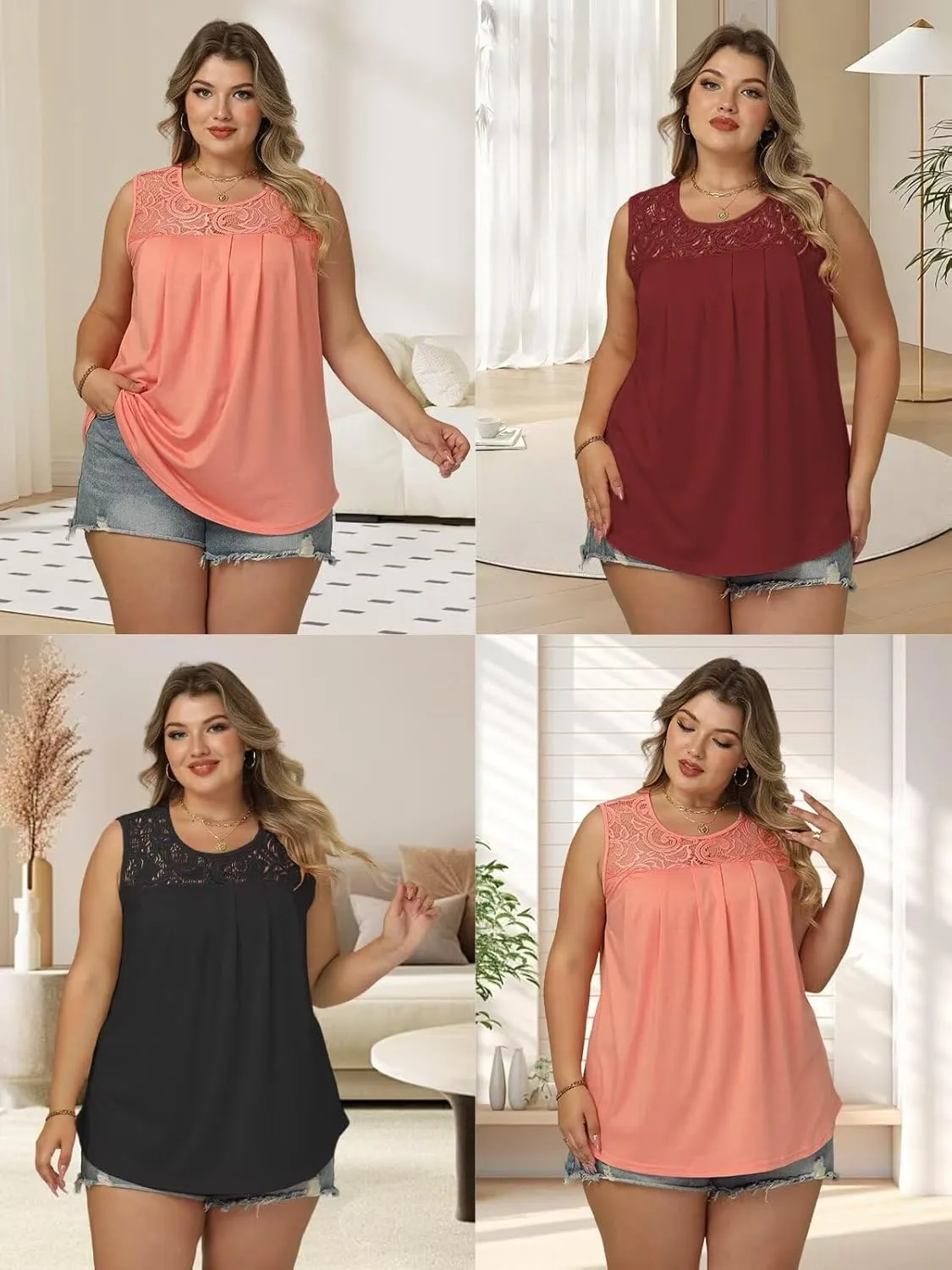 VISLILY Womens-Plus-Size-Tank-Tops 2025 Casual Loose Fit Sleeveless T Shirts Flowy Pleated Lace Tunics Cute Blouses XL-5XL