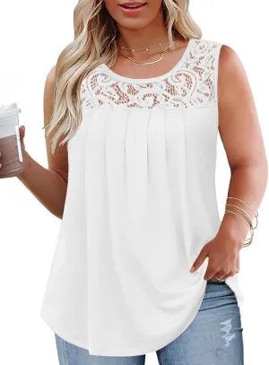 VISLILY Womens-Plus-Size-Tank-Tops 2025 Casual Loose Fit Sleeveless T Shirts Flowy Pleated Lace Tunics Cute Blouses XL-5XL