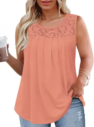 VISLILY Womens-Plus-Size-Tank-Tops 2025 Casual Loose Fit Sleeveless T Shirts Flowy Pleated Lace Tunics Cute Blouses XL-5XL