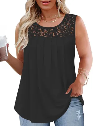 VISLILY Womens-Plus-Size-Tank-Tops 2025 Casual Loose Fit Sleeveless T Shirts Flowy Pleated Lace Tunics Cute Blouses XL-5XL