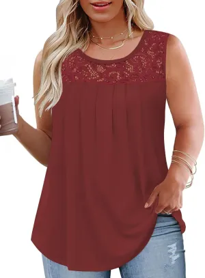 VISLILY Womens-Plus-Size-Tank-Tops 2025 Casual Loose Fit Sleeveless T Shirts Flowy Pleated Lace Tunics Cute Blouses XL-5XL
