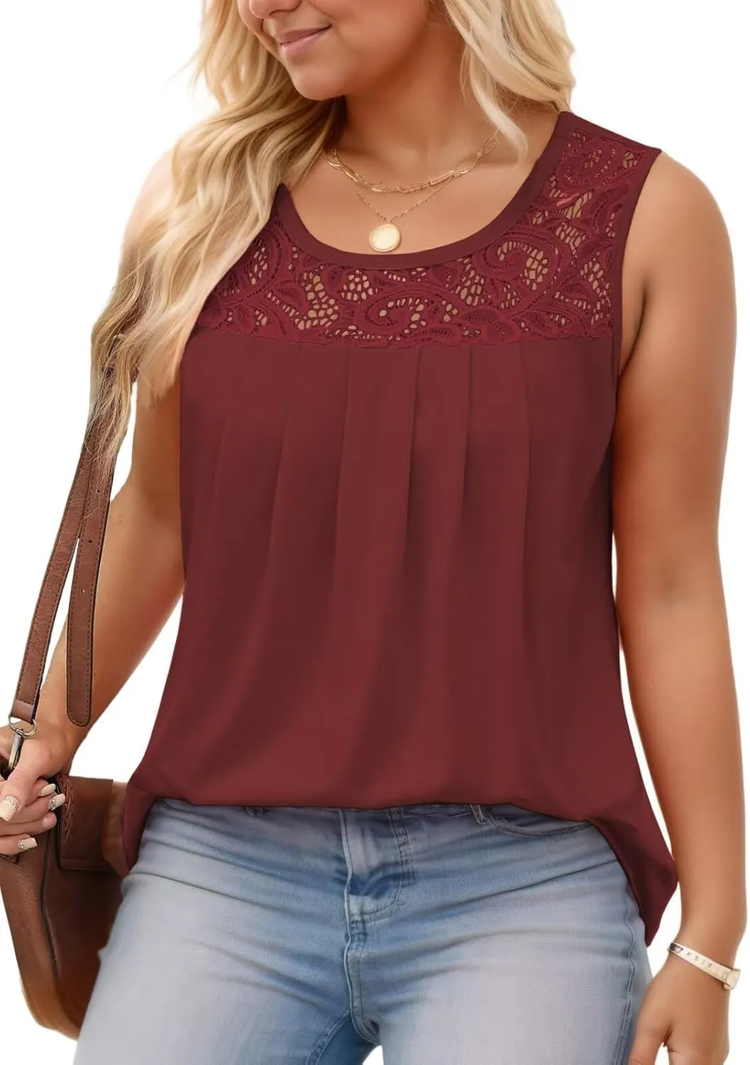 VISLILY Womens-Plus-Size-Tank-Tops 2025 Casual Loose Fit Sleeveless T Shirts Flowy Pleated Lace Tunics Cute Blouses XL-5XL