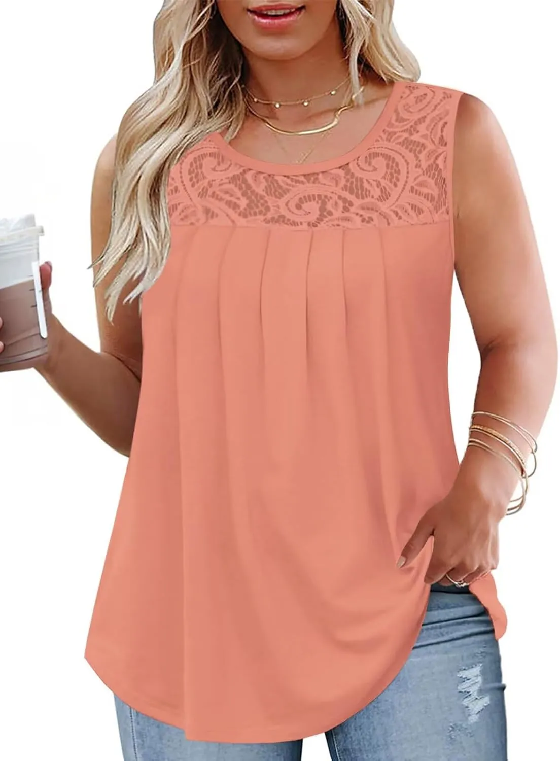 VISLILY Womens-Plus-Size-Tank-Tops 2025 Casual Loose Fit Sleeveless T Shirts Flowy Pleated Lace Tunics Cute Blouses XL-5XL