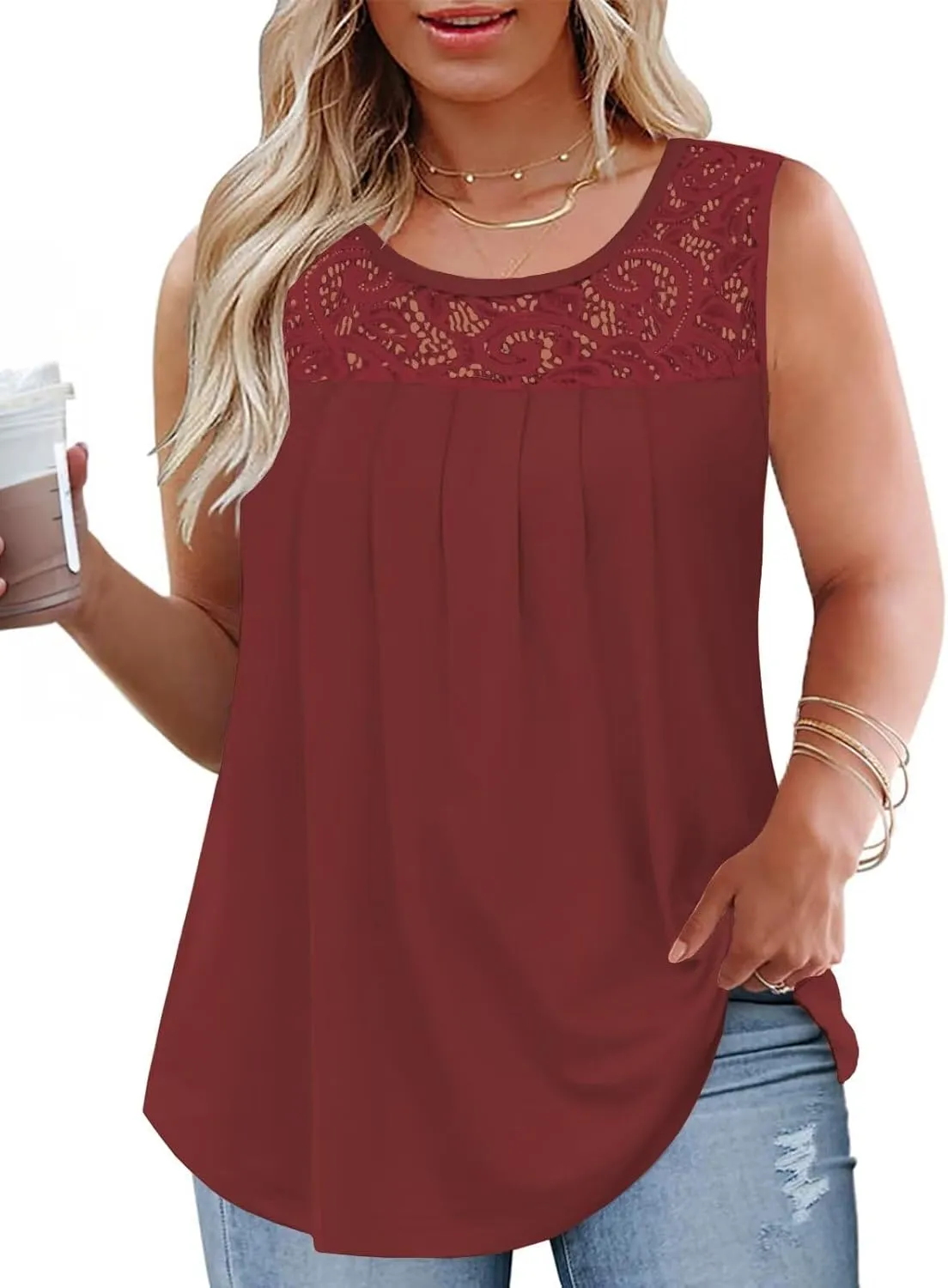 VISLILY Womens-Plus-Size-Tank-Tops 2025 Casual Loose Fit Sleeveless T Shirts Flowy Pleated Lace Tunics Cute Blouses XL-5XL