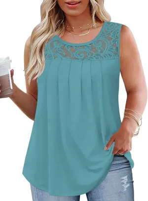 VISLILY Womens-Plus-Size-Tank-Tops 2025 Casual Loose Fit Sleeveless T Shirts Flowy Pleated Lace Tunics Cute Blouses XL-5XL
