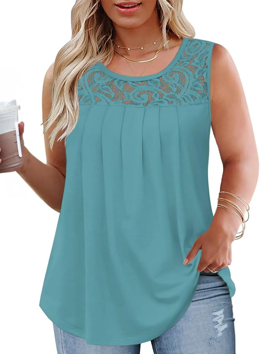 VISLILY Womens-Plus-Size-Tank-Tops 2025 Casual Loose Fit Sleeveless T Shirts Flowy Pleated Lace Tunics Cute Blouses XL-5XL