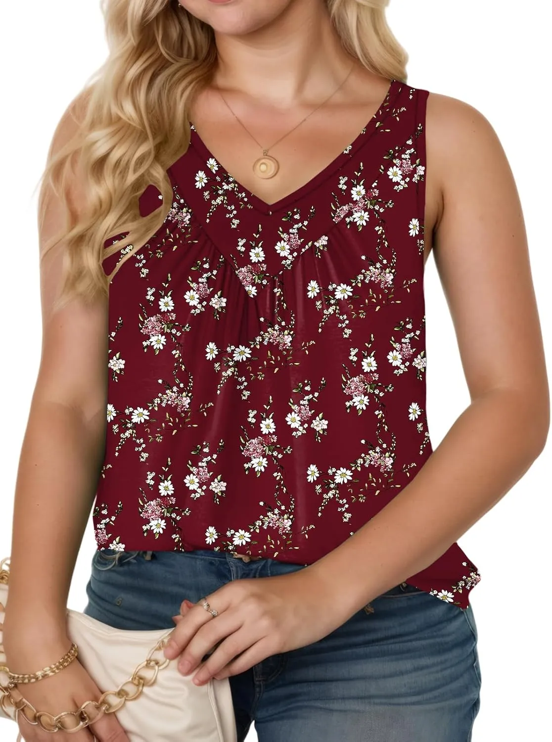 VISLILY Womens-Plus-Size-Tank-Tops 2025 Casual V Neck Sleeveless T Shirts Flowy Pleated Tunics Trendy Cute Blouses XL-5XL