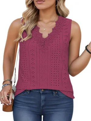 VISLILY Womens-Plus-Size-Tank-Tops Summer Floral Lace Trim V Neck Shirts Casual Sleeveless Blouses Cute Eyelet Tunics XL-5XL