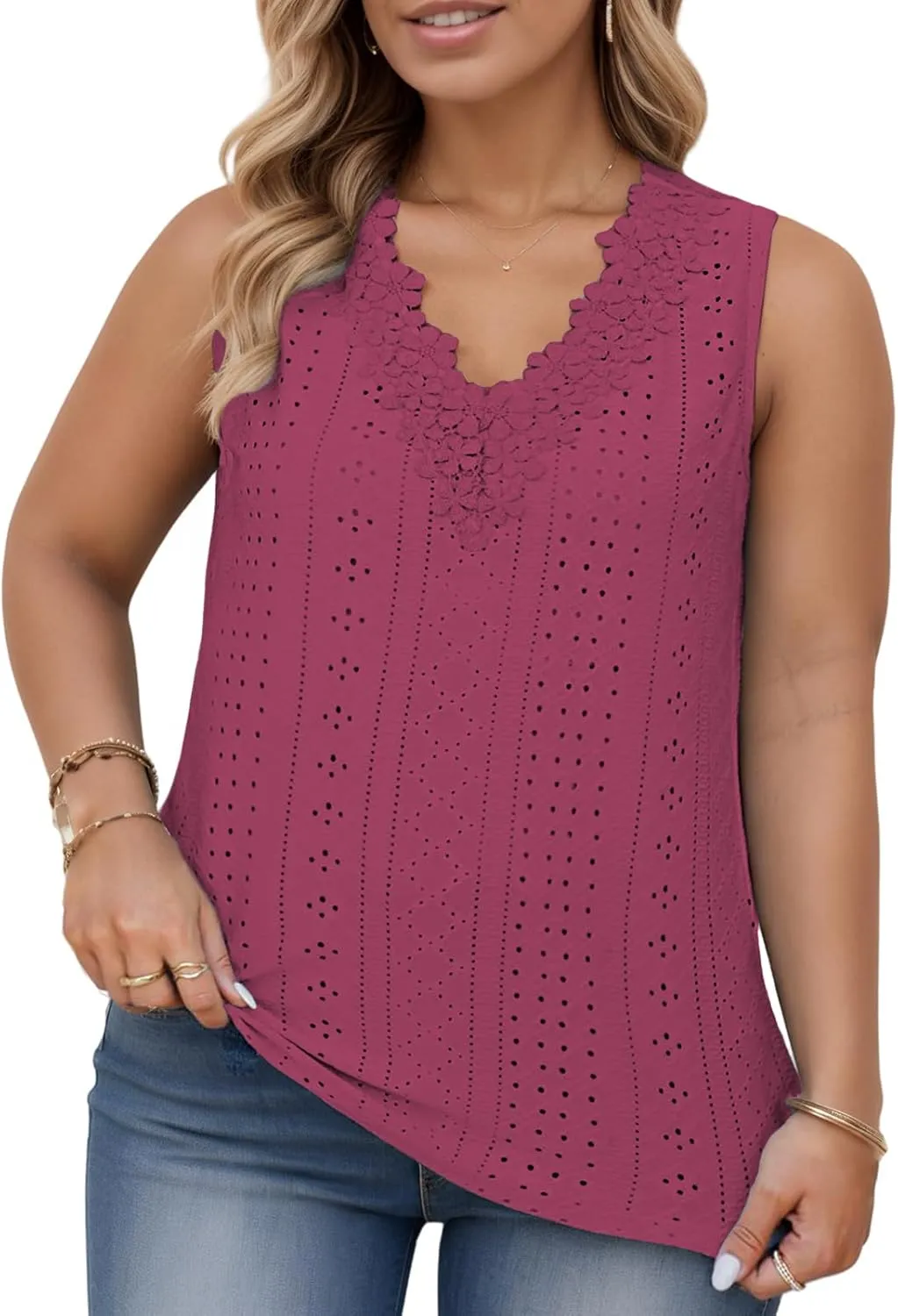 VISLILY Womens-Plus-Size-Tank-Tops Summer Floral Lace Trim V Neck Shirts Casual Sleeveless Blouses Cute Eyelet Tunics XL-5XL