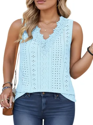 VISLILY Womens-Plus-Size-Tank-Tops Summer Floral Lace Trim V Neck Shirts Casual Sleeveless Blouses Cute Eyelet Tunics XL-5XL