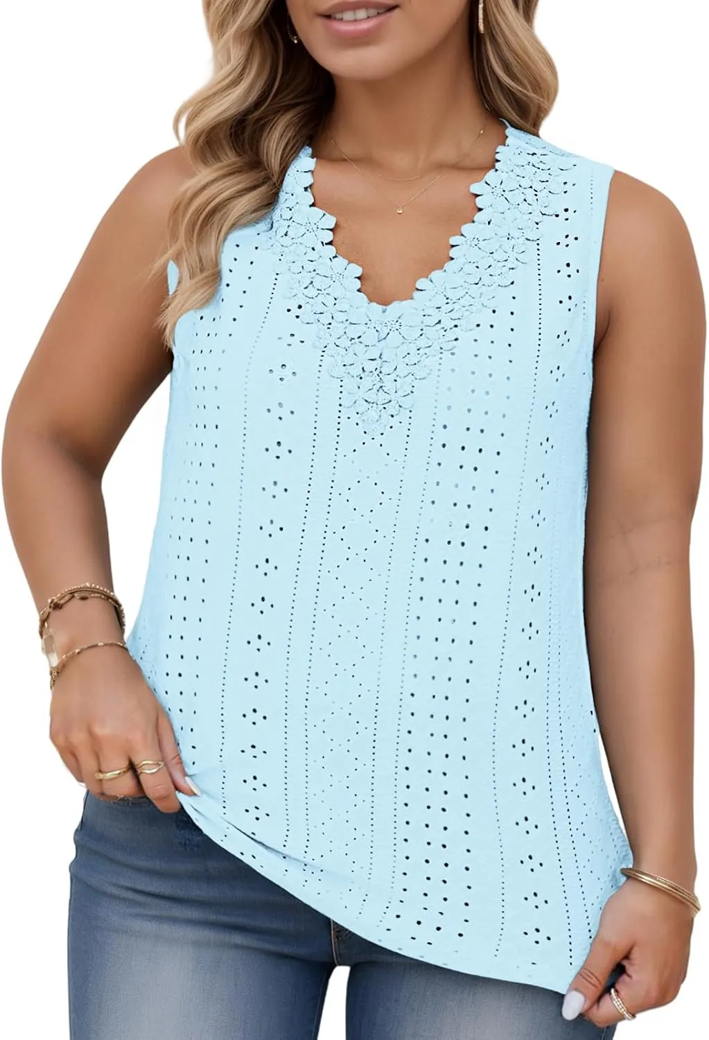VISLILY Womens-Plus-Size-Tank-Tops Summer Floral Lace Trim V Neck Shirts Casual Sleeveless Blouses Cute Eyelet Tunics XL-5XL