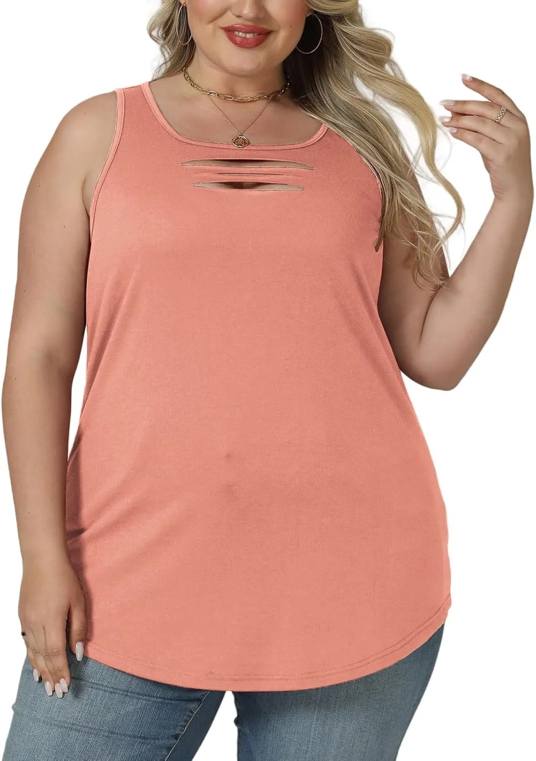 VISLILY Womens-Plus-Size-Tank-Tops Summer Trendy Cut Out Rock Ripped Shirts Casual Sleeveless Blouses Flowy Curved Hem Tunics