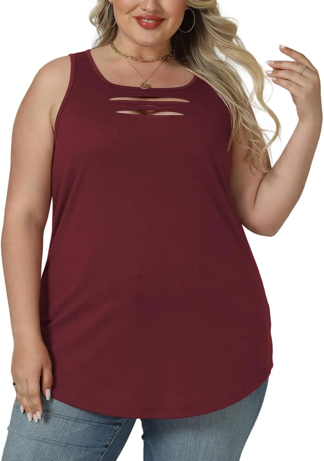 VISLILY Womens-Plus-Size-Tank-Tops Summer Trendy Cut Out Rock Ripped Shirts Casual Sleeveless Blouses Flowy Curved Hem Tunics