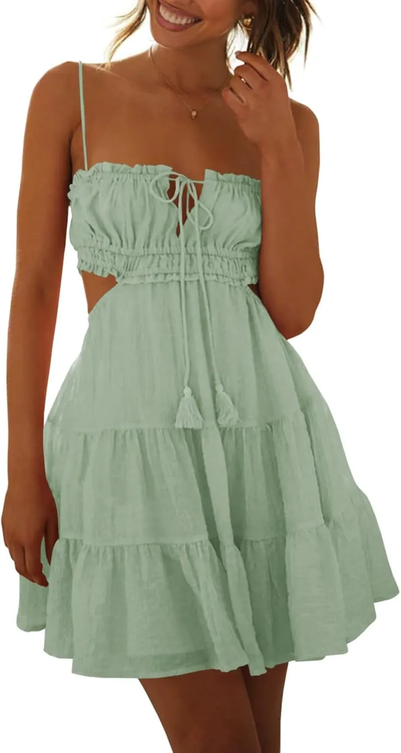 Wenrine Women's Summer Beach Mini Dress Adjustable Spaghetti Straps Sexy Backless Tiered Sleeveless Boho Dresses