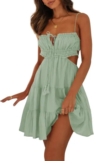 Wenrine Women's Summer Beach Mini Dress Adjustable Spaghetti Straps Sexy Backless Tiered Sleeveless Boho Dresses