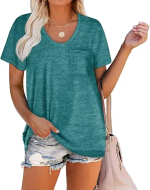 WIHOLL Women Summer T Shirts Short Sleeve Rounded V Neck Pocket Tee Tops