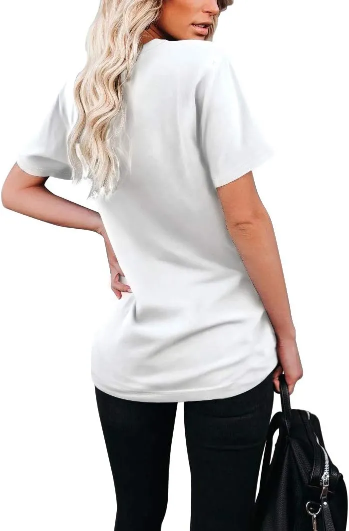 WIHOLL Women Summer T Shirts Short Sleeve Rounded V Neck Pocket Tee Tops