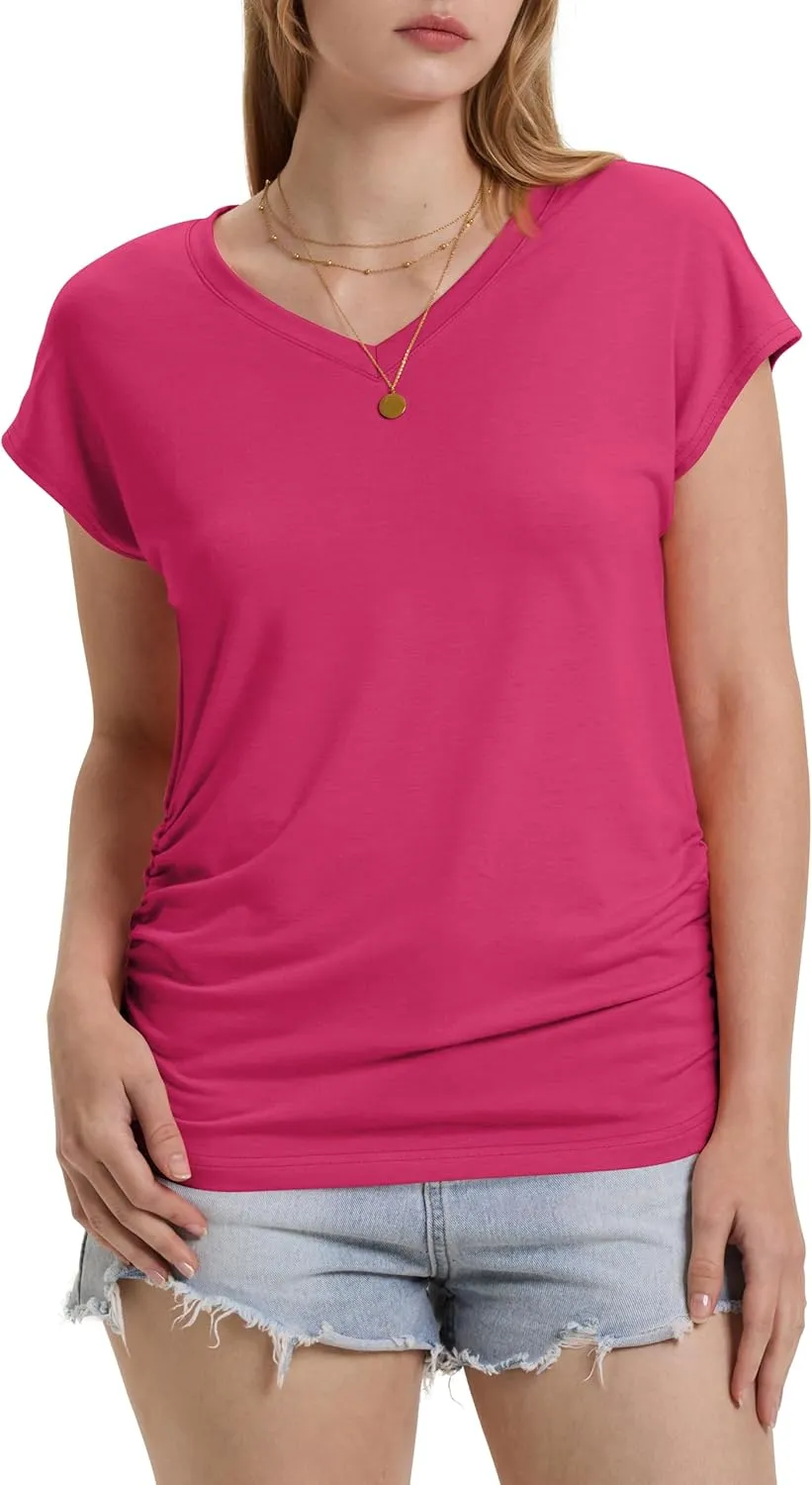WIHOLL Womens Summer Tops Dressy Casual Cap Sleeve T Shirts for Women V Neck Ruched Tops Basic Tank Fashion Trendy