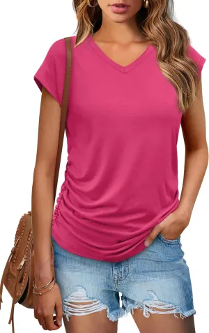 WIHOLL Womens Summer Tops Dressy Casual Cap Sleeve T Shirts for Women V Neck Ruched Tops Basic Tank Fashion Trendy