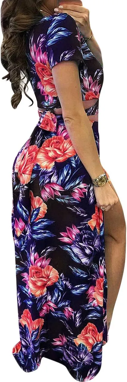 WOKANSE Women's Sexy 2 Piece Outfits Summer Beach Boho Floral Dress V Neck Crop Tops and High Split Maxi Skirt Sets