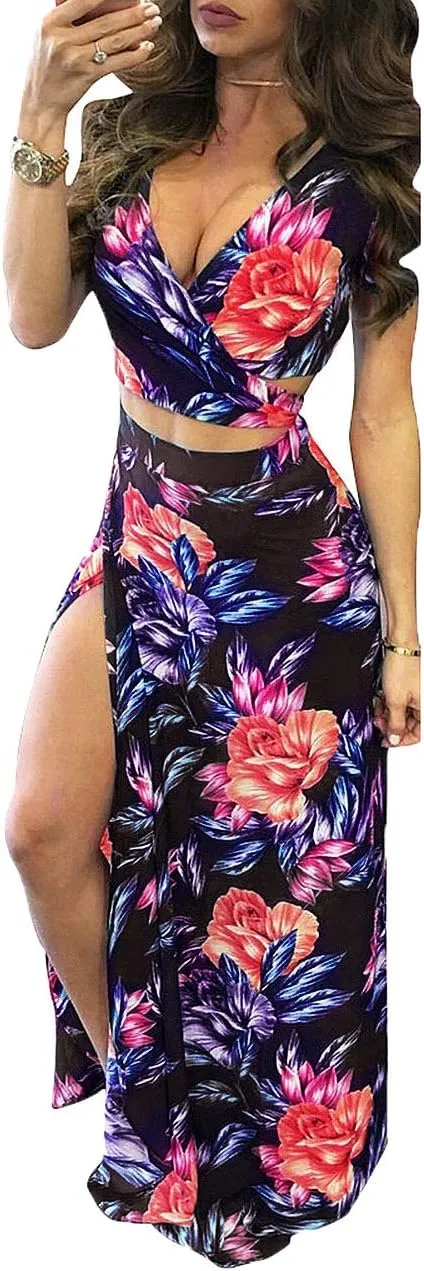 WOKANSE Women's Sexy 2 Piece Outfits Summer Beach Boho Floral Dress V Neck Crop Tops and High Split Maxi Skirt Sets