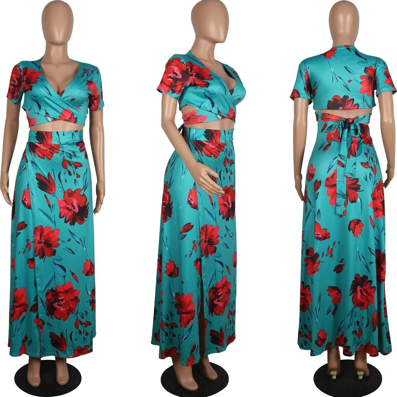 WOKANSE Women's Sexy 2 Piece Outfits Summer Beach Boho Floral Dress V Neck Crop Tops and High Split Maxi Skirt Sets