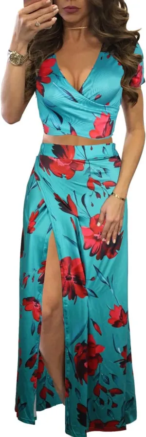 WOKANSE Women's Sexy 2 Piece Outfits Summer Beach Boho Floral Dress V Neck Crop Tops and High Split Maxi Skirt Sets