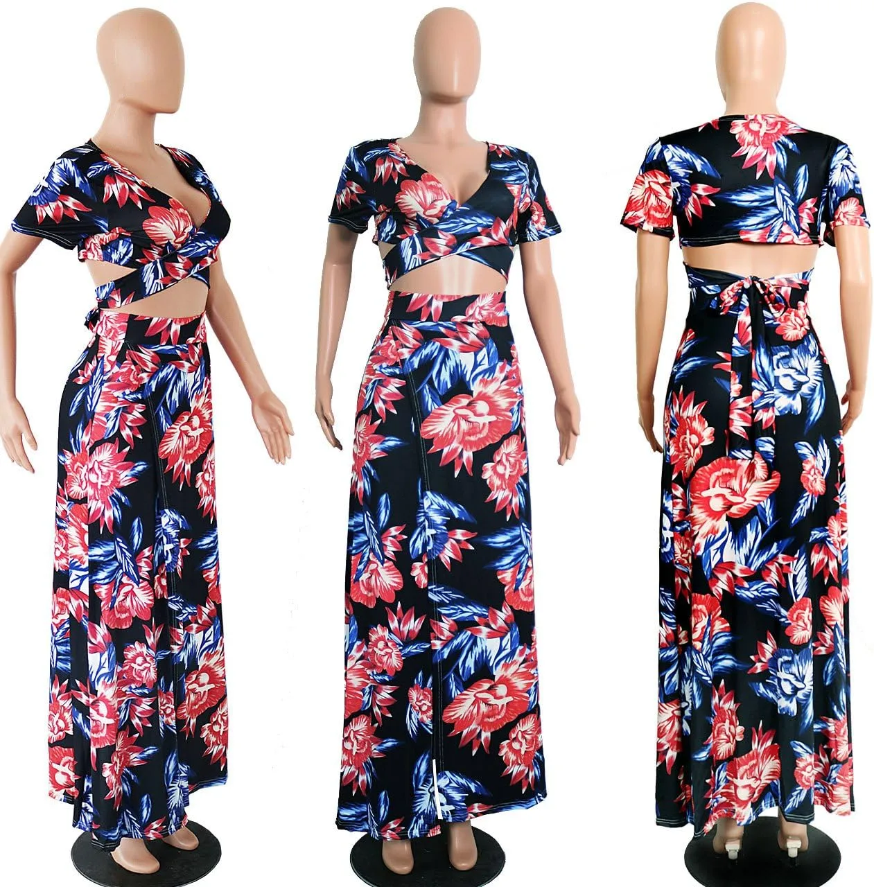 WOKANSE Women's Sexy 2 Piece Outfits Summer Beach Boho Floral Dress V Neck Crop Tops and High Split Maxi Skirt Sets
