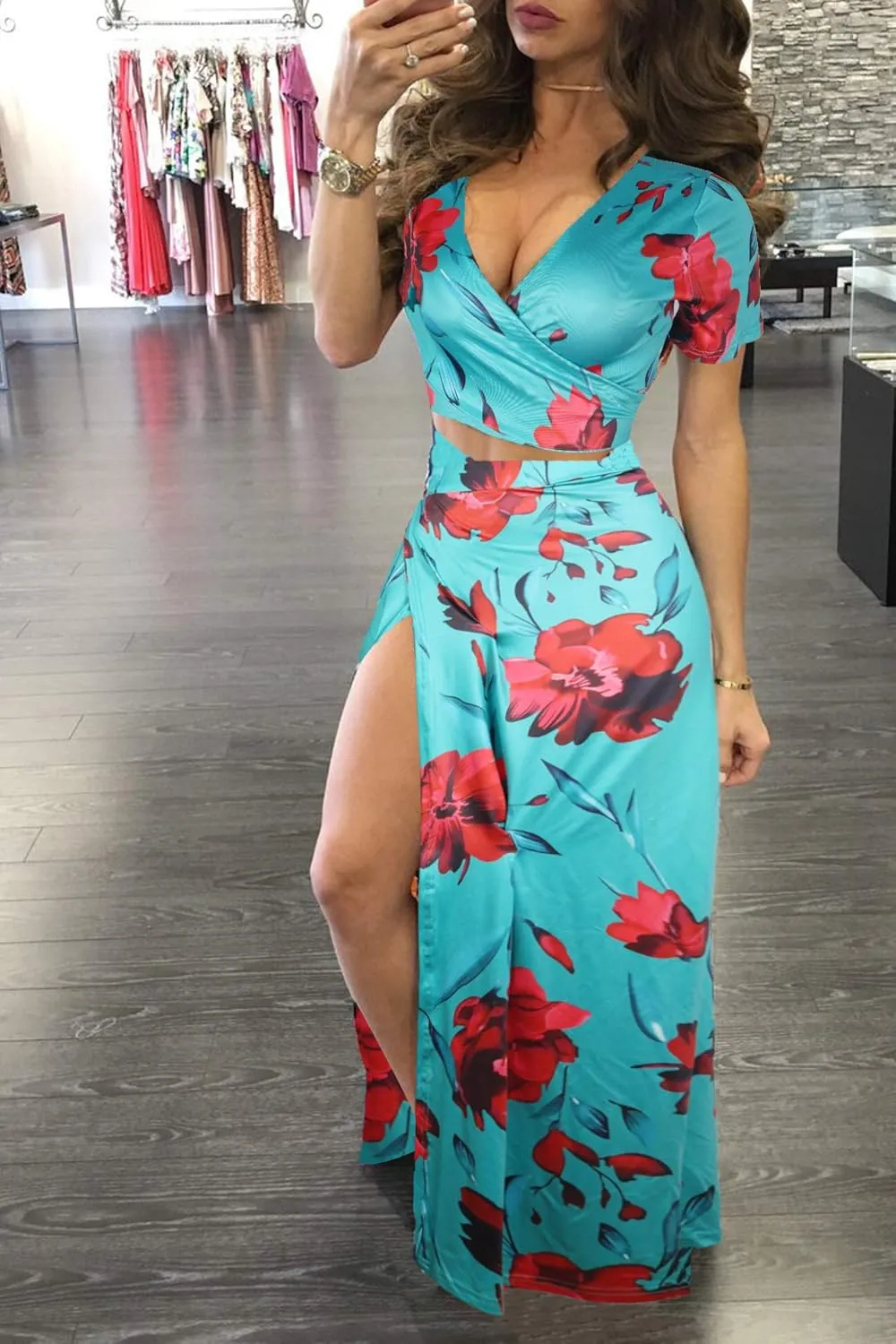 WOKANSE Women's Sexy 2 Piece Outfits Summer Beach Boho Floral Dress V Neck Crop Tops and High Split Maxi Skirt Sets