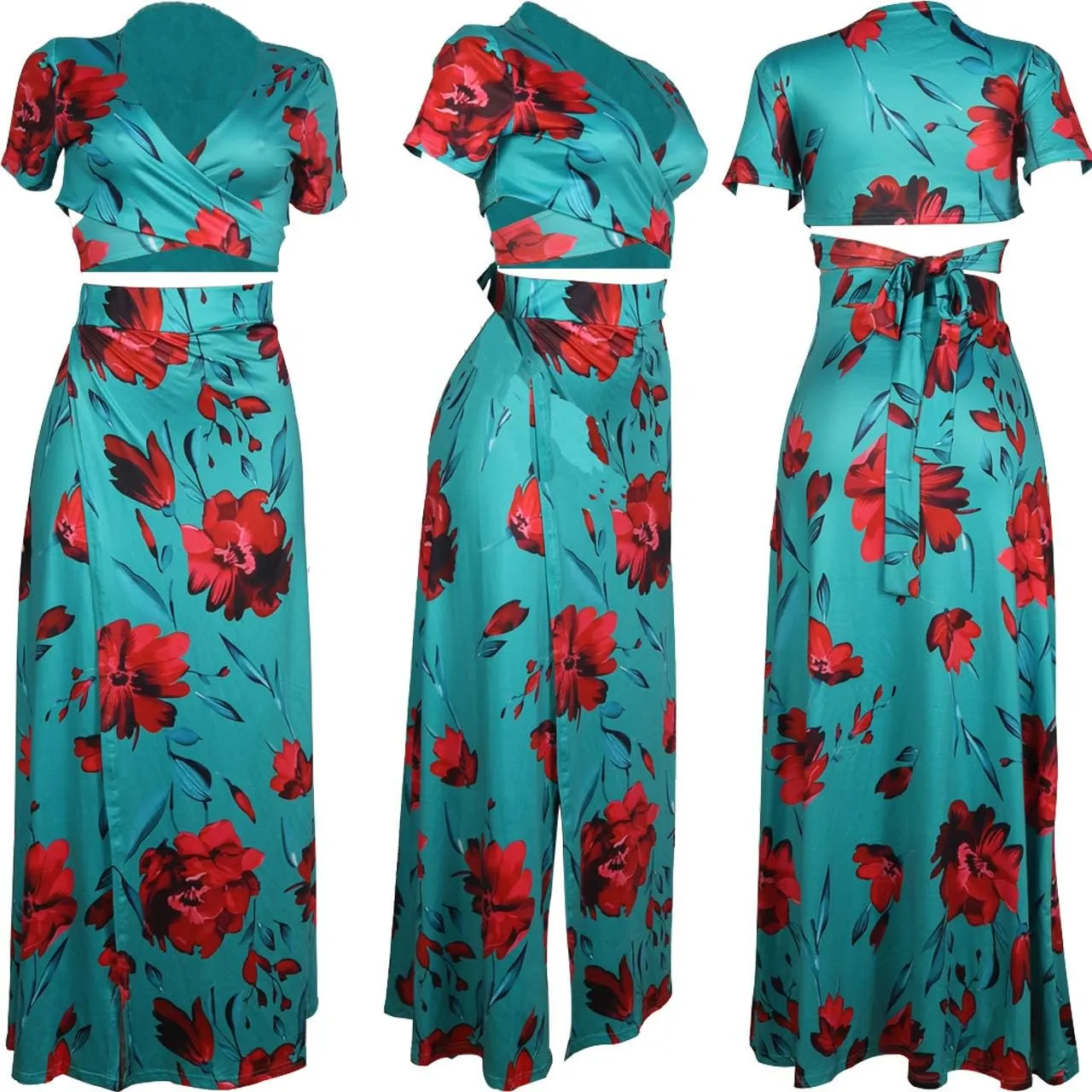 WOKANSE Women's Sexy 2 Piece Outfits Summer Beach Boho Floral Dress V Neck Crop Tops and High Split Maxi Skirt Sets