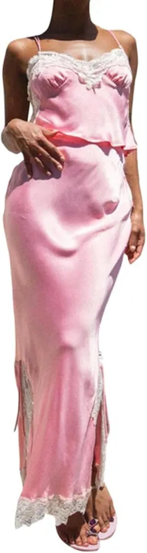 Women 2 Piece Satin Outfits Summer Skirt Set Sleeveless Lace Trim Cami Tops Long Skirt Set Skirt Suit