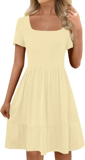Women 2025 Summer Dress Elegant Square Neck Formal Short Sleeve Business Casual Outfits Ruffle Sundress with Pockets
