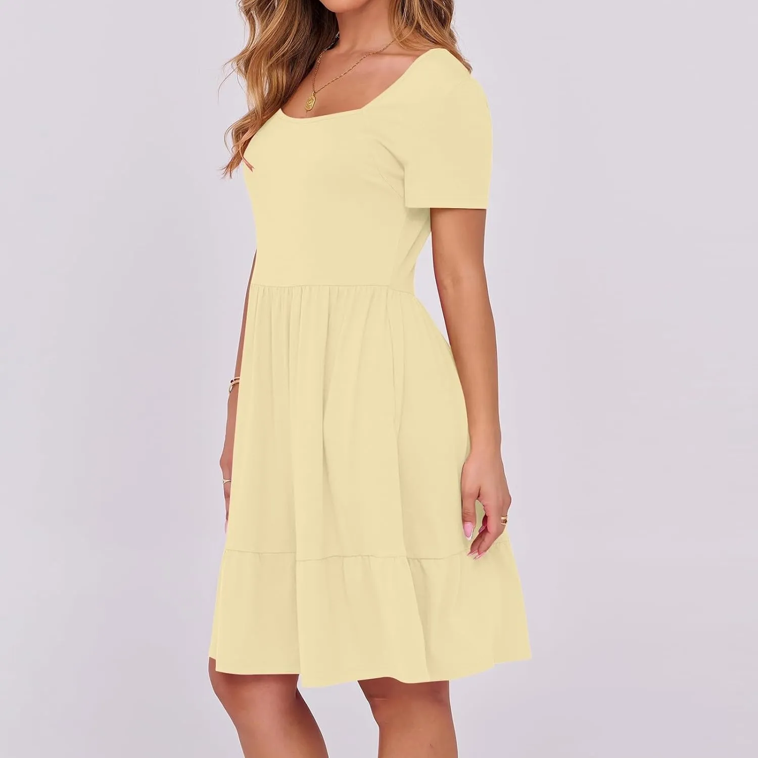 Women 2025 Summer Dress Elegant Square Neck Formal Short Sleeve Business Casual Outfits Ruffle Sundress with Pockets