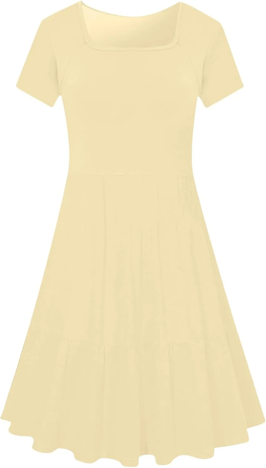 Women 2025 Summer Dress Elegant Square Neck Formal Short Sleeve Business Casual Outfits Ruffle Sundress with Pockets
