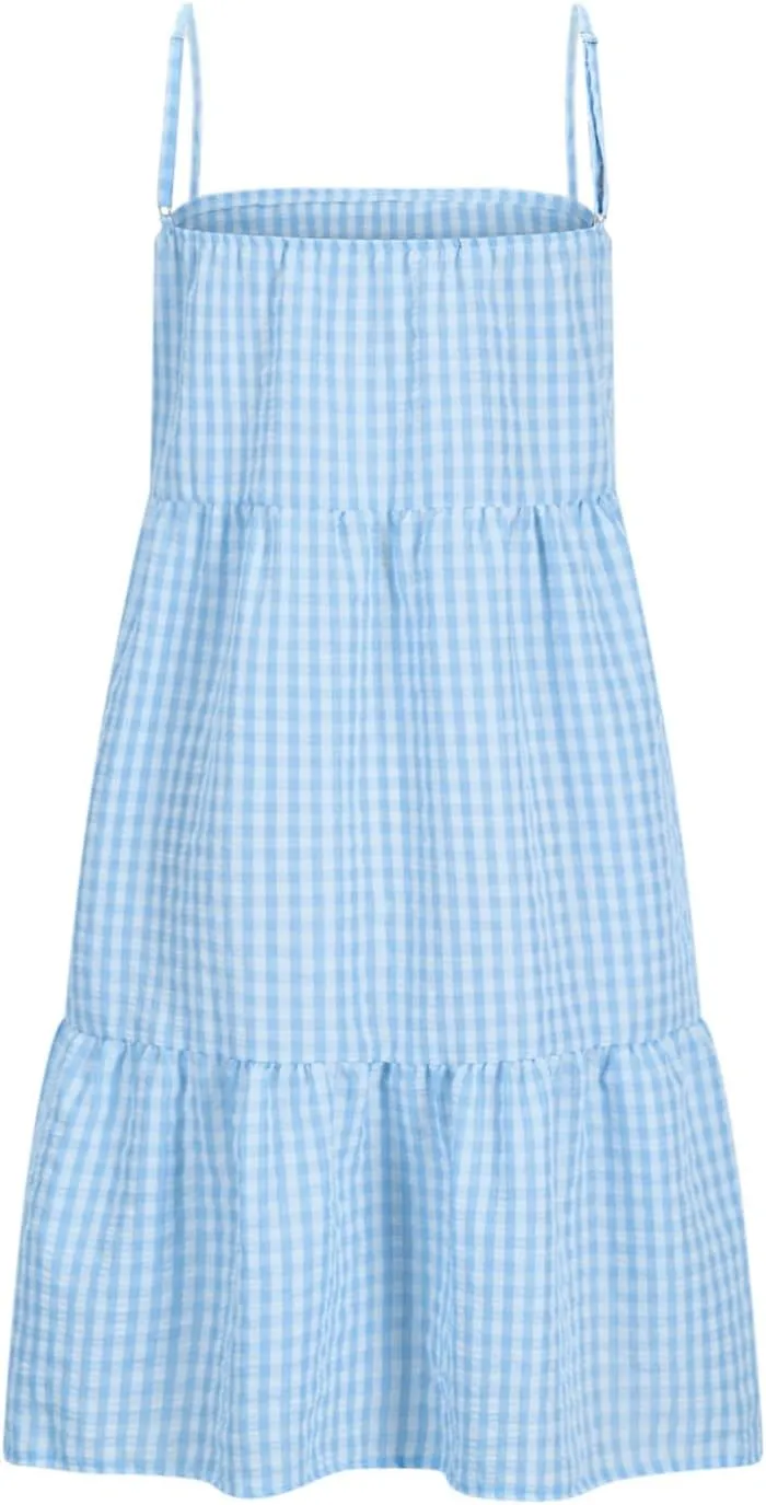 Women 2025 Summer Plaid Mini Dress Casual Boho Sleeveless Ruffle Spaghetti Strap Cami Babydoll Dresses with Pockets