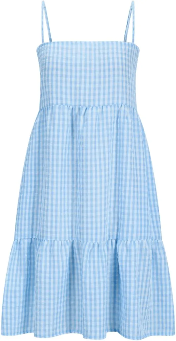 Women 2025 Summer Plaid Mini Dress Casual Boho Sleeveless Ruffle Spaghetti Strap Cami Babydoll Dresses with Pockets
