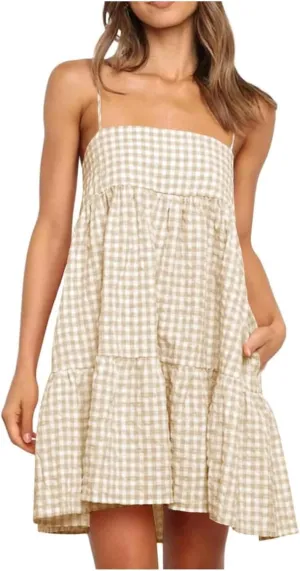 Women 2025 Summer Plaid Mini Dress Casual Boho Sleeveless Ruffle Spaghetti Strap Cami Babydoll Dresses with Pockets
