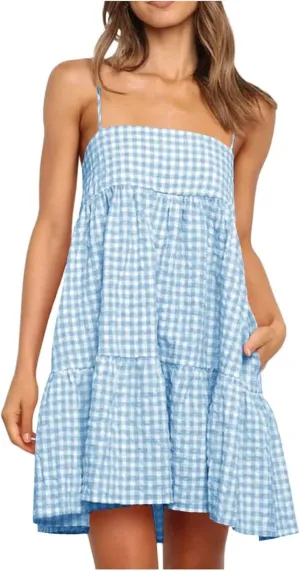 Women 2025 Summer Plaid Mini Dress Casual Boho Sleeveless Ruffle Spaghetti Strap Cami Babydoll Dresses with Pockets